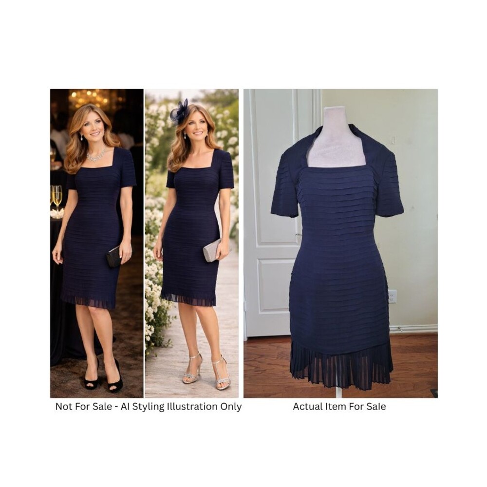 Roland Nivelais 100% Silk Dress Navy Blue Women 6 Pleated Wedding Cocktail Party